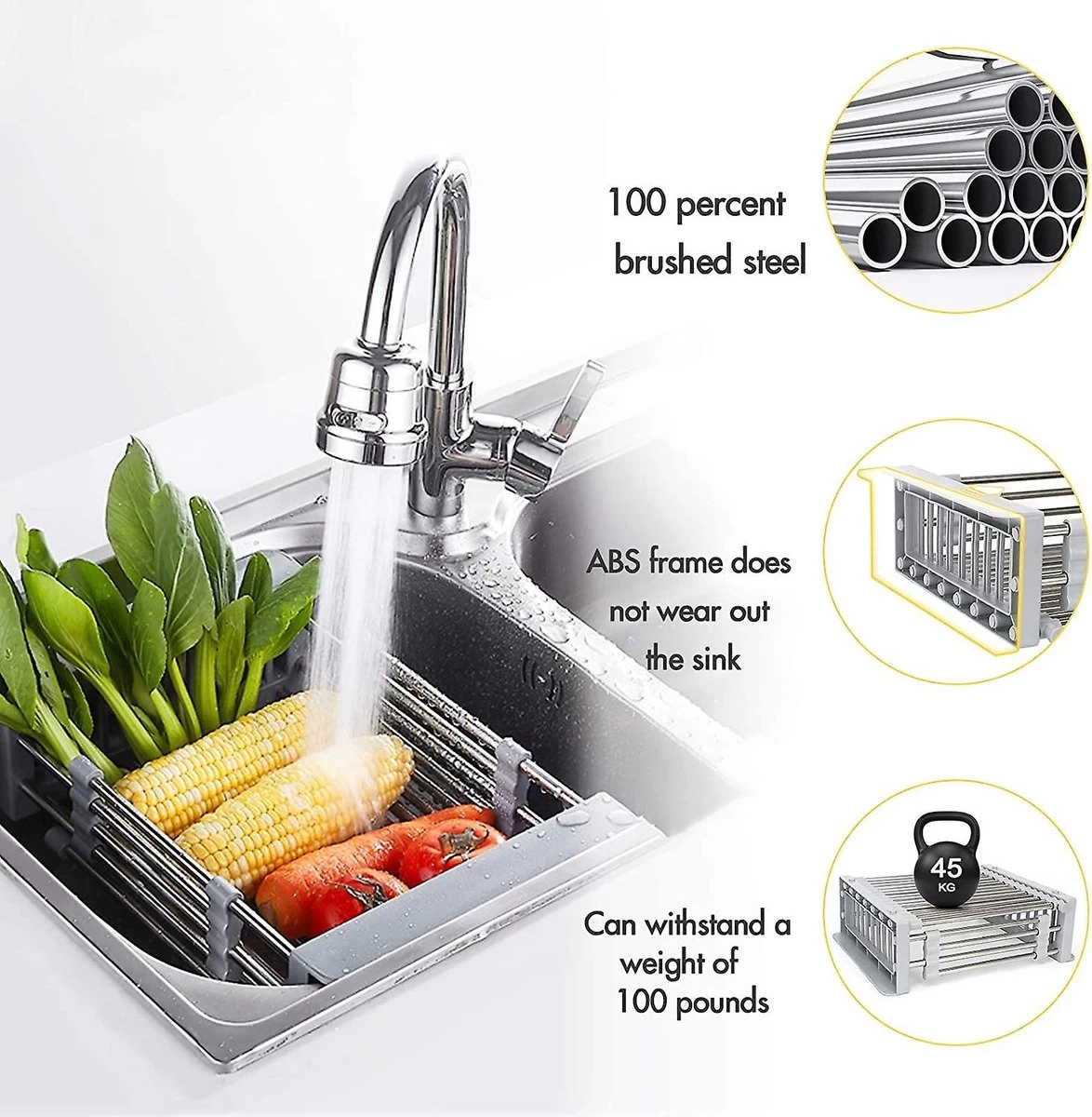IBright Verstelbare Keukenrek - Gootsteen Mand - Afdruiprek – Vergiet – Verstelbaar In Lengte - Uitschuifbaar - RVS Grijs 12 IBright Verstelbare Keukenrek - Gootsteen Mand - Afdruiprek – Vergiet – Verstelbaar In Lengte - Uitschuifbaar - RVS Grijs - Afbeelding 10