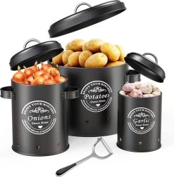 Professionele Bewaardozen - Set Van 3 - Voor Aardappels, Uien En Knoflook - Retro Design - Voorraadcontainer Van Metaal - Keukenopslag - Groentes Bewaren Voor Lange Tijd - Perfect Cadeau Voor In De Keuken