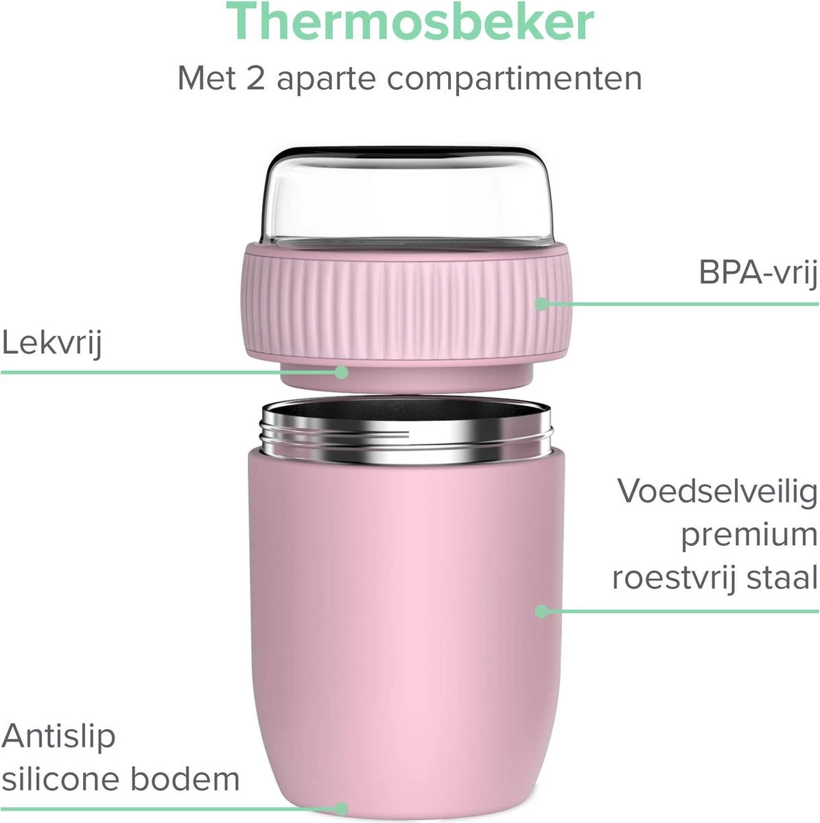 Coninx Thermos Lunchbox - Muesli Beker To Go - Isoleer Lunchpot - Yoghurtbeker To Go - Mueslibeker 840ml (600ml+240ml) - RVS / Roze 9 Coninx Thermos Lunchbox - Muesli Beker To Go - Isoleer Lunchpot - Yoghurtbeker To Go - Mueslibeker 840ml (600ml+240ml) - RVS / Roze - Afbeelding 7