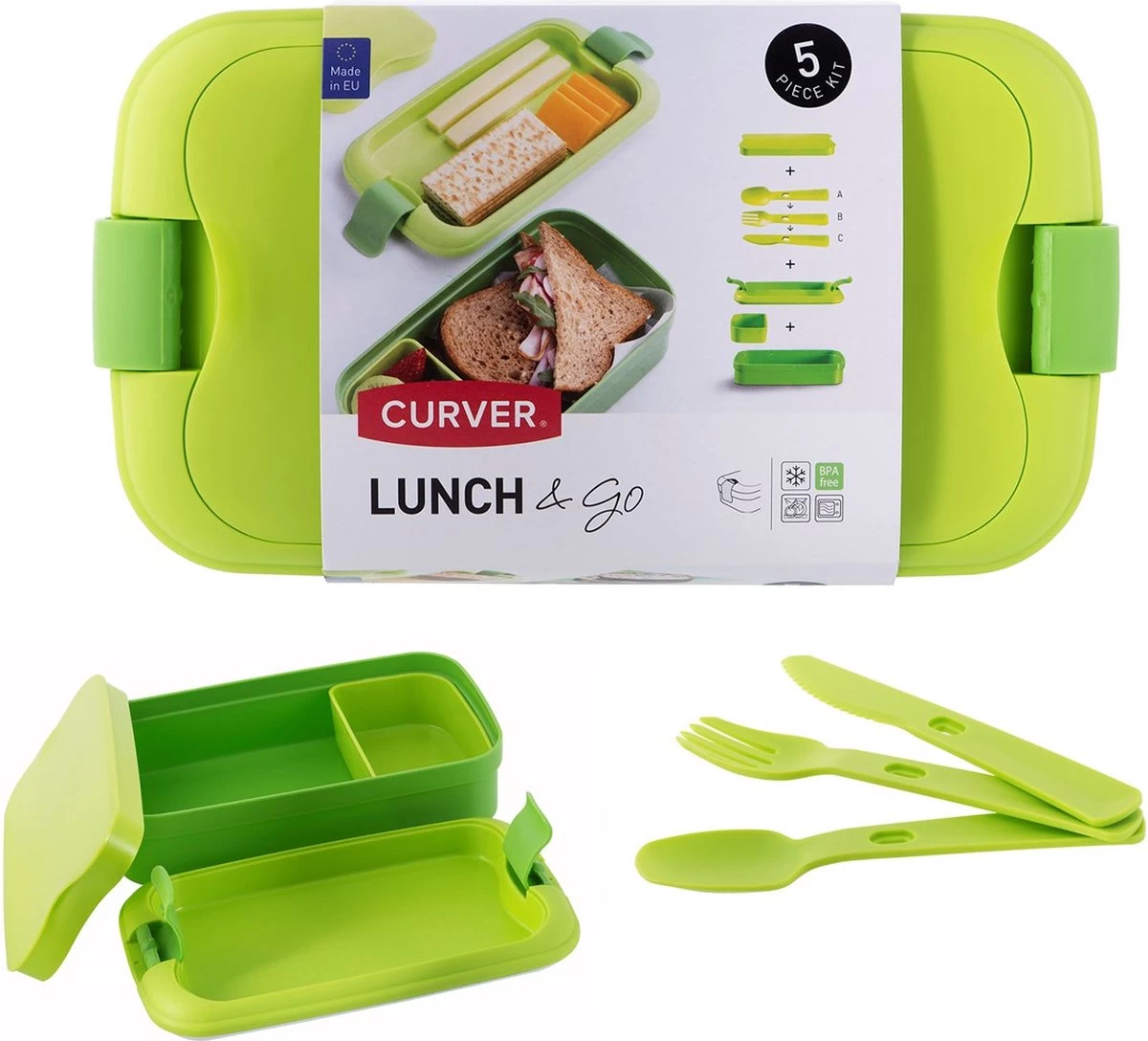 Curver Lunch&Go - Vershouddoos - Lunchbox - Inclusief Bestek - 2/3 Compartimenten - Groen 15 Curver Lunch&Go - Vershouddoos - Lunchbox - Inclusief Bestek - 2/3 Compartimenten - Groen - Afbeelding 14