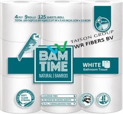 BAMTIME BamboeTissuepapier 4-laags Wc Papier - Wit Color Gebleekt 27 (3*9) Rollen -Huishoudproducten Verkoop 1200x1115