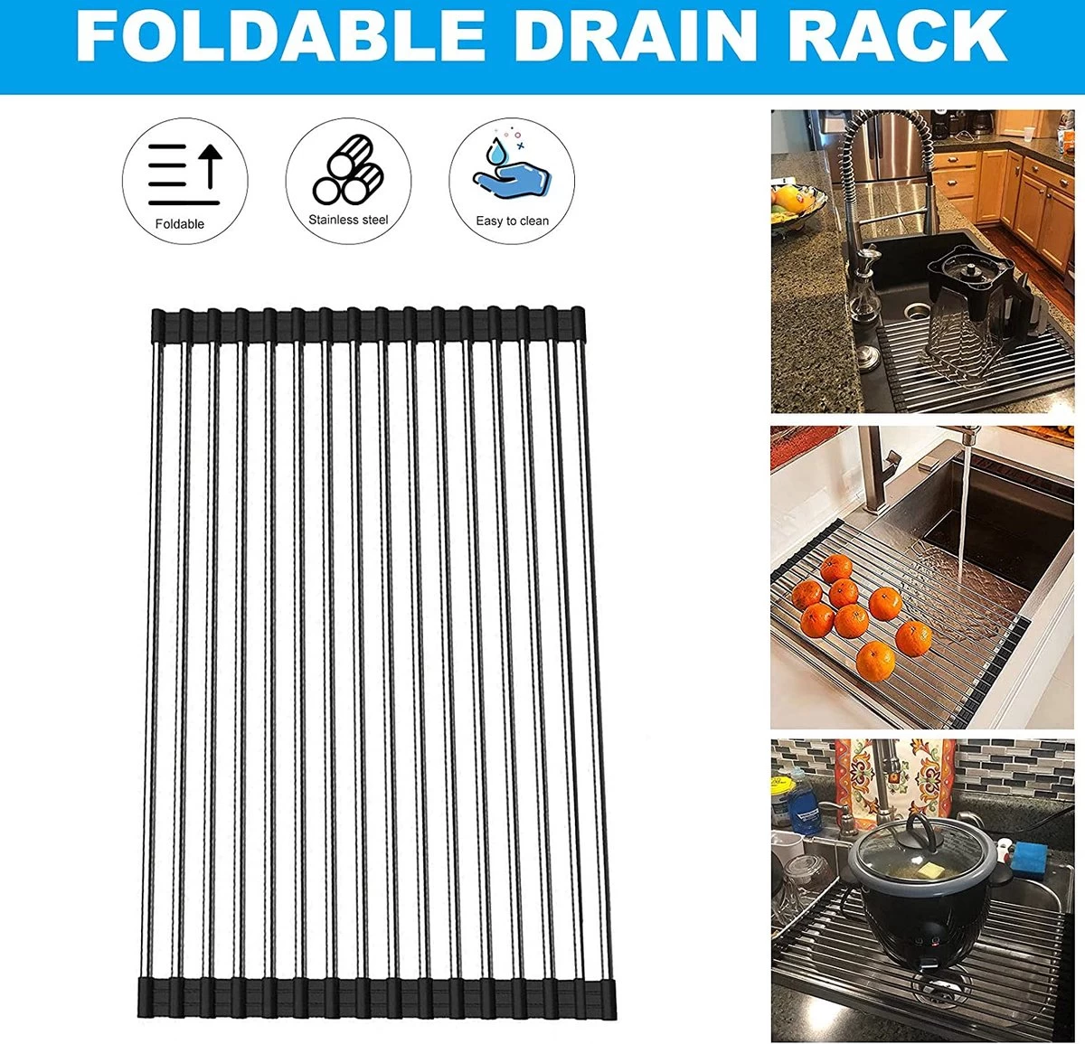 IBright Oprolbare Afdruiprek - Pannen Rooster Hittebestendig - Afdruiprooster - Pannenonderzetter - RVS Zwart 5 IBright Oprolbare Afdruiprek - Pannen Rooster Hittebestendig - Afdruiprooster - Pannenonderzetter - RVS Zwart - Afbeelding 3