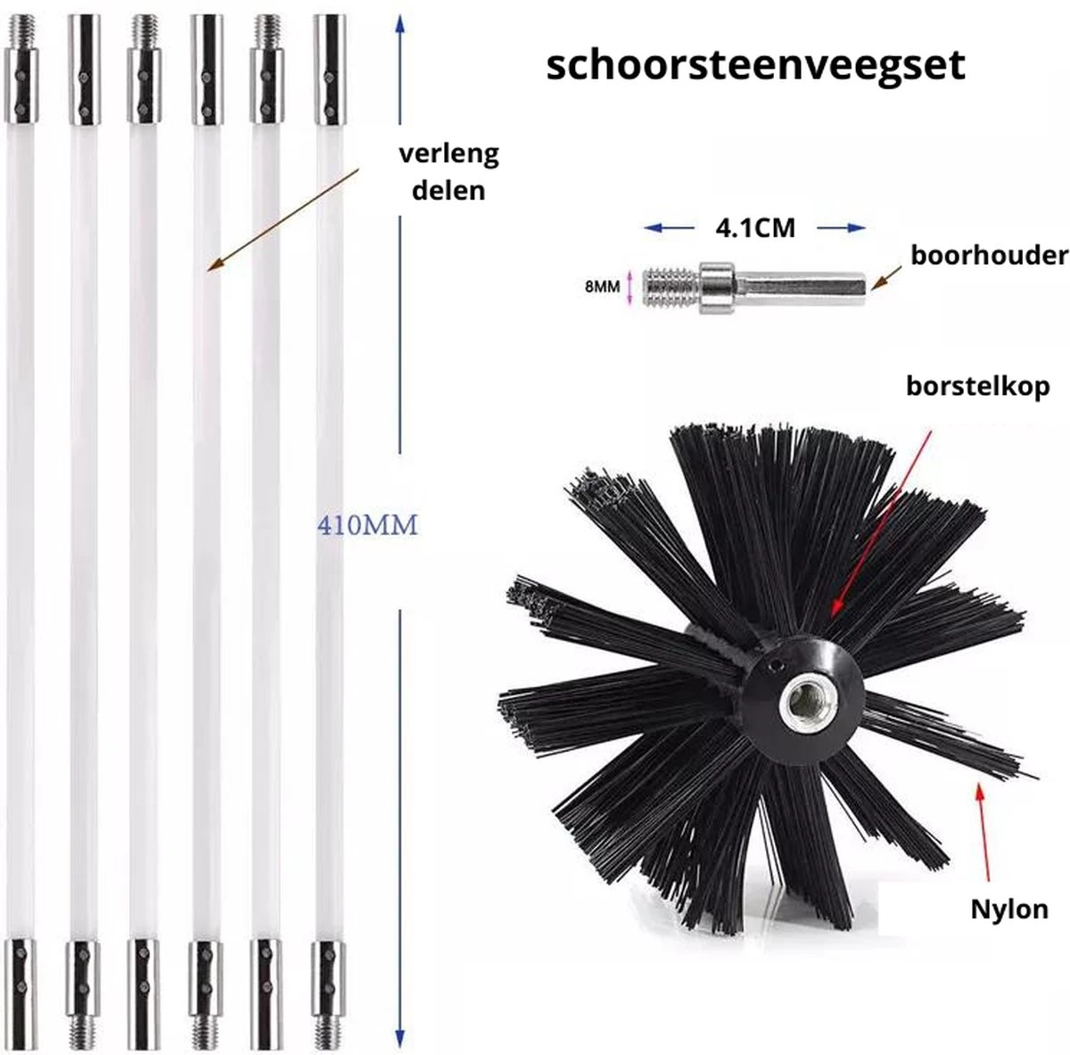NIRAX Professionele Schoorsteenveegset Verstelbaar Tot 9 Meter – Schoorsteenveger - Veegkit – Schoorsteen Borstel - Schoorsteenreiniger - Borstel Set - Kachel - Onderhoud 6 NIRAX Professionele Schoorsteenveegset Verstelbaar Tot 9 Meter – Schoorsteenveger - Veegkit – Schoorsteen Borstel - Schoorsteenreiniger - Borstel Set - Kachel - Onderhoud - Afbeelding 4