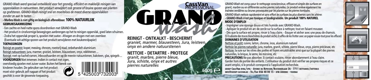 GranoWash REINIGT - ONTKALKT - BESCHERMT Graniet, Marmer, Blauwsteen, Jura, Leisteen, Onyx En Andere Natuurstenen 600g 4 GranoWash REINIGT - ONTKALKT - BESCHERMT Graniet, Marmer, Blauwsteen, Jura, Leisteen, Onyx En Andere Natuurstenen 600g - Afbeelding 2