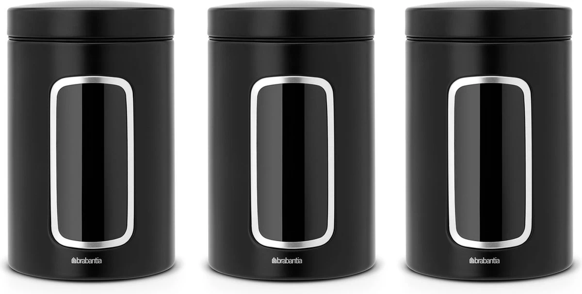 Brabantia Voorraadbussen - 1,4 L - Matt Black - 3 Stuks - Met Venster 3 Brabantia Voorraadbussen - 1,4 L - Matt Black - 3 Stuks - Met Venster
