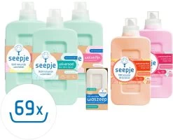 Seepje Wasfeest Pakket - 3 X Wasmiddel - 2 X Wasverzachter - Waszeep - Vlekkenverwijderaar - Natuurlijke Ingredienten - 69 Wasbeurten