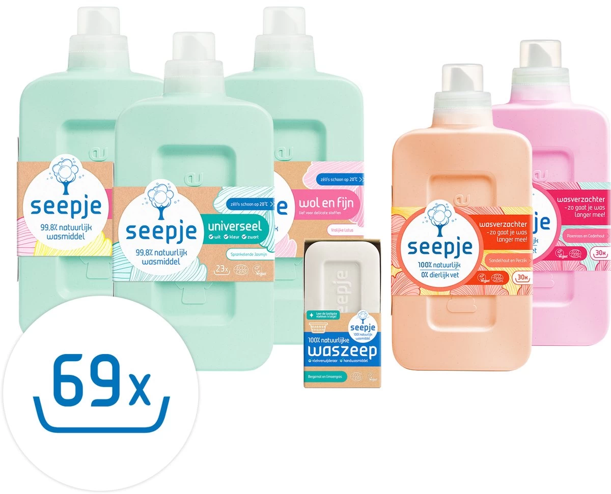 Seepje Wasfeest Pakket - 3 X Wasmiddel - 2 X Wasverzachter - Waszeep - Vlekkenverwijderaar - Natuurlijke Ingredienten - 69 Wasbeurten 3 Seepje Wasfeest Pakket - 3 X Wasmiddel - 2 X Wasverzachter - Waszeep - Vlekkenverwijderaar - Natuurlijke Ingredienten - 69 Wasbeurten