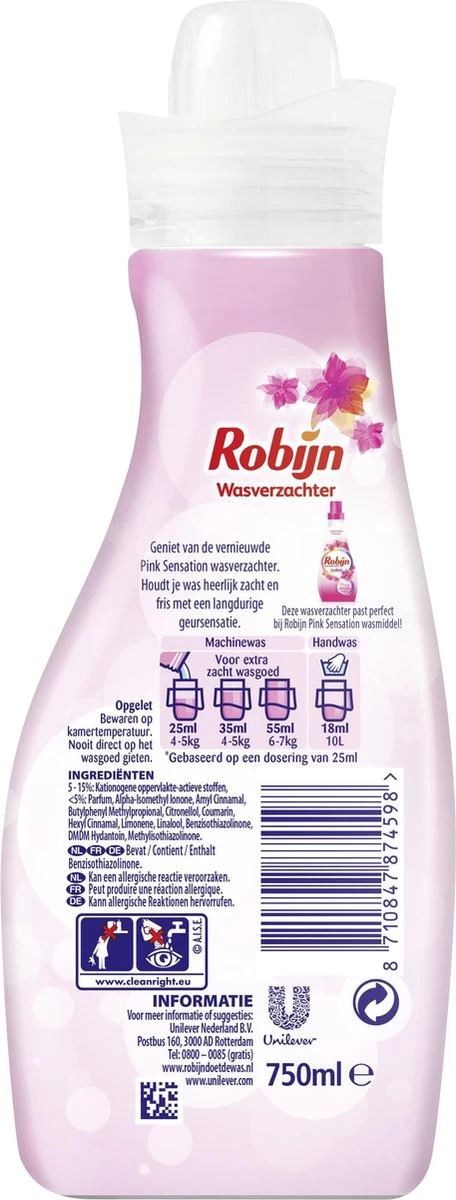 Robijn Pink Sensation Vloeibaar Wasverzachter - 4 X 30 Wasbeurten - Voordeelverpakking 4 Robijn Pink Sensation Vloeibaar Wasverzachter - 4 X 30 Wasbeurten - Voordeelverpakking - Afbeelding 2