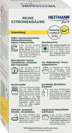 HEITMANN Pure Ontkalker- Citroenzuur Ontkalker, Natuurvriendelijke Kalkreiniger Voor Een Hygiënische Reiniging - Poeder, 1x 350 G -Huishoudproducten Verkoop 654x1200