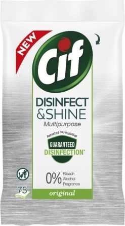 Cif Disinfect & Shine Wipes Doden 99,99% Van De Bacteriën Original Desinfecterende Schoonmaakdoekjes, Van 100% Biologisch Afbreekbaar Textiel 5 X 75 Doekjes