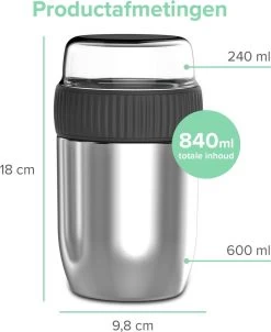 Coninx Thermos Lunchbox - Muesli Beker To Go - Isoleer Lunchpot - Yoghurtbeker To Go - Mueslibeker 840ml (600ml+240ml) - RVS -Huishoudproducten Verkoop 981x1200